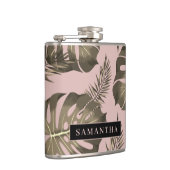 トロピカルピンクと金ゴールドパーム葉のパターンと名前 フラスク (右)