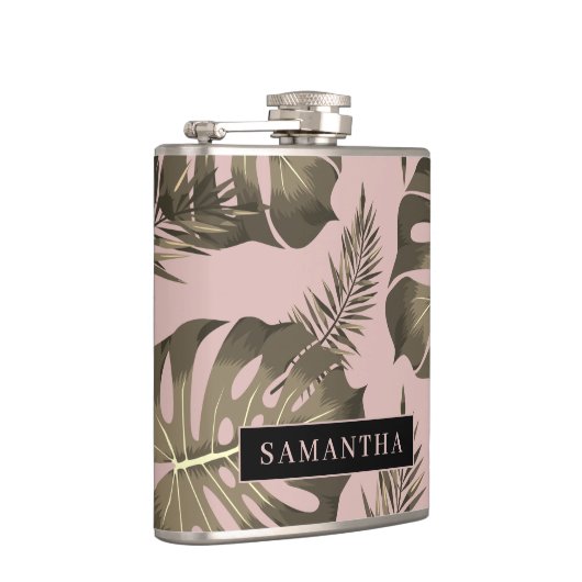 トロピカルピンクと金ゴールドパーム葉のパターンと名前 フラスク (右)