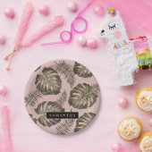 トロピカルピンクと金ゴールドパーム葉のパターンと名前 ペーパープレート (パーティー)