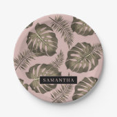 トロピカルピンクと金ゴールドパーム葉のパターンと名前 ペーパープレート (正面)