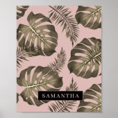トロピカルピンクと金ゴールドパーム葉のパターンと名前 ポスター (正面)