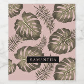 トロピカルピンクと金ゴールドパーム葉のパターンと名前 ワインラベル (シングルラベル)
