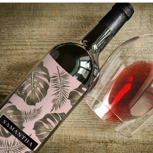 トロピカルピンクと金ゴールドパーム葉のパターンと名前 ワインラベル