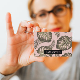 トロピカルピンクと金ゴールドパーム葉のパターンと名前 名刺