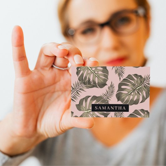 トロピカルピンクと金ゴールドパーム葉のパターンと名前 名刺
