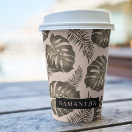 トロピカルピンクと金ゴールドパーム葉のパターンと名前 紙コップ