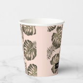 トロピカルピンクと金ゴールドパーム葉のパターンと名前 紙コップ (右)
