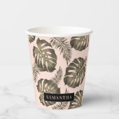 トロピカルピンクと金ゴールドパーム葉のパターンと名前 紙コップ (正面)