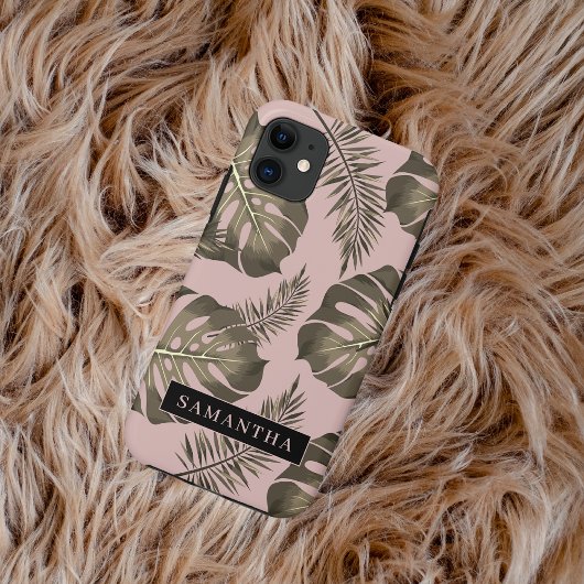 トロピカルピンクと金ゴールドパーム葉のパターンと名前 Case-Mate iPhoneケース