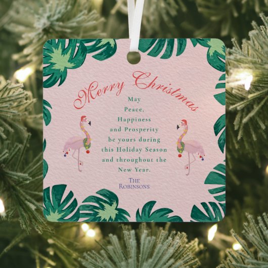 トロピカルピンクのクリスマスフラミンゴサンタハットボーブル メタルオーナメント (インサイチュ)