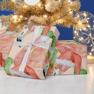 トロピカルピンクのクリスマスフラミンゴサンタハット ラッピングペーパー
