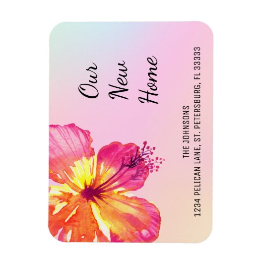 トロピカルピンクのハイビスカス新住所のお知らせ マグネット (縦)