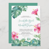 トロピカルピンクのハイビスカス水彩ウェディング招待状 (正面/裏面)