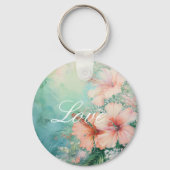 トロピカルピンクのハイビスカス フラワー ラブ ウェディング キーホルダー (正面)