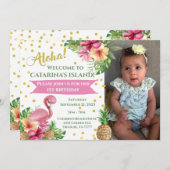 トロピカルピンクのフラミンゴの写真を使った誕生日カード 招待状 (正面/裏面)