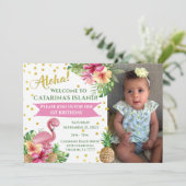 トロピカルピンクのフラミンゴ写真誕生日 招待状 (スタンド正面)