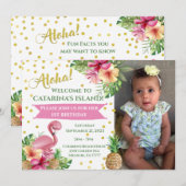 トロピカルピンクのフラミンゴ写真誕生日 招待状 (正面/裏面)