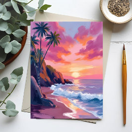 トロピカルピンクの夕焼けの海の水彩画 ポストカード