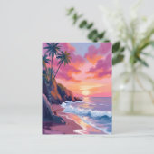 トロピカルピンクの夕焼けの海の水彩画 ポストカード (スタンド正面)