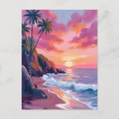 トロピカルピンクの夕焼けの海の水彩画 ポストカード (正面)