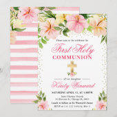 トロピカルピンクの花の初聖体拝領 招待状 (正面/裏面)