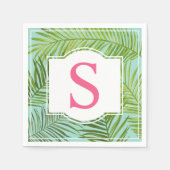 トロピカルピンクアクアグリーンパーム葉ズモノグラム スタンダードカクテルナプキン (正面)
