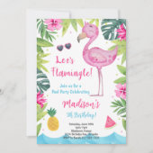 トロピカルピンクウォーターカラーフラミンゴ誕生日招待状 招待状 (正面)