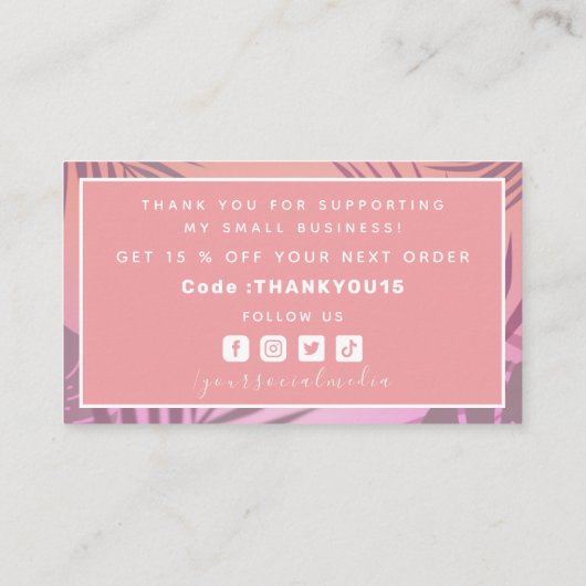 トロピカルピンクエキゾチックありがとうご注文割引コード 名刺 (裏面)