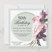 トロピカルピンクオウムとセージフローラ50誕生日 招待状 (正面)