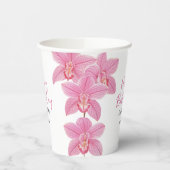 トロピカルピンクオーキッドフラワーハッピーバースデー 紙コップ (左)