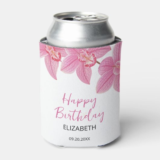 トロピカルピンクオーキッドフラワーハッピーバースデー 缶クーラー (缶正面)