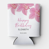 トロピカルピンクオーキッドフラワーハッピーバースデー 缶クーラー (正面)