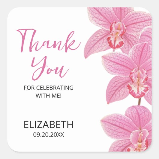 トロピカルピンクオーキッドフラワー誕生日ありがとう スクエアシール (正面)