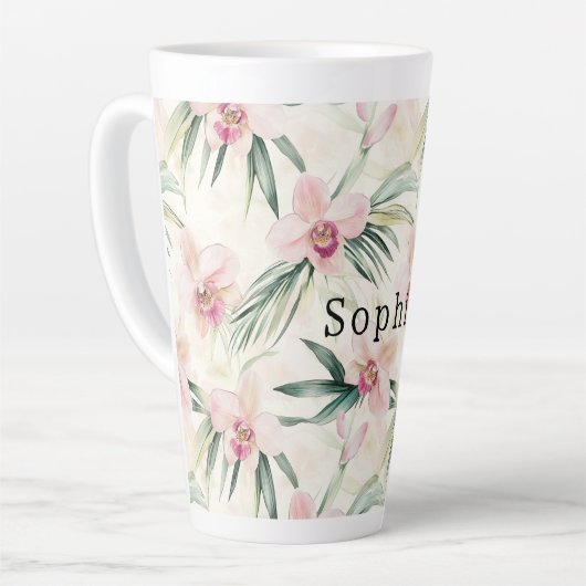 トロピカルピンクオーキッドフローラ誕生日 カフェラテマグ (左アングル)