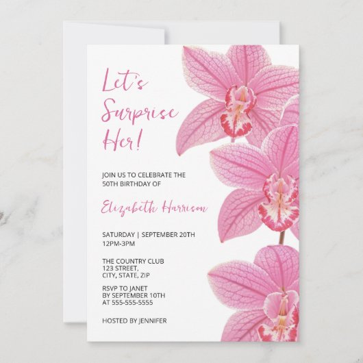 トロピカルピンクオーキッドボタニカルサプライズ誕生日 招待状 (正面)