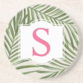 トロピカルピンクグリーンパーム葉ズモノグラムイニシャル コースター (正面)