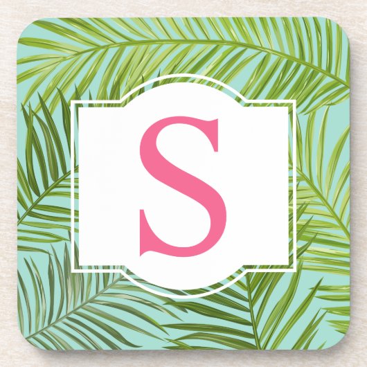 トロピカルピンクグリーンパーム葉ズモノグラムイニシャル コースター (正面)