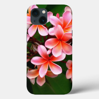 トロピカルピンクグリーンプルメリア花フローラ写真 iPhone 13ケース
