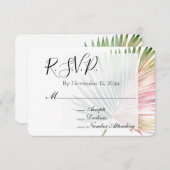 トロピカルピンクグリーンリーフウェディングRSVP エンクロージャーカード (正面/裏面)