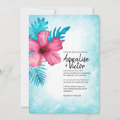 トロピカルピンクターコイズハイビスカス結婚アイランドズ 招待状 (正面)