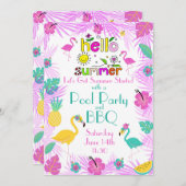 トロピカルピンクターコイズパームスフラミンゴテーマ 招待状 (正面/裏面)