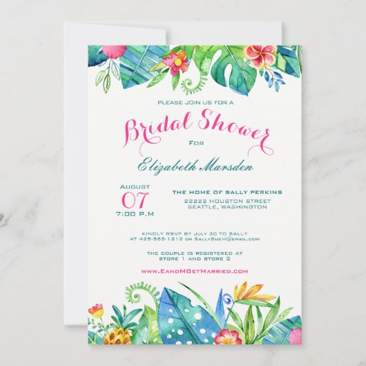 トロピカルピンクティール(緑がかった色)フローラグラデーションブライダルシャワー 招待状 (正面)