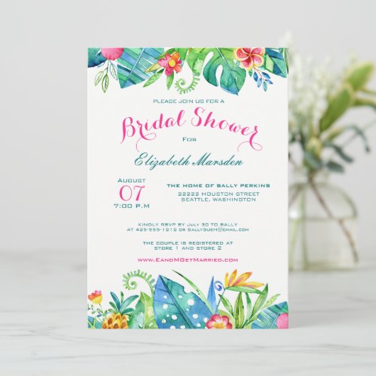 トロピカルピンクティール(緑がかった色)フローラグラデーションブライダルシャワー 招待状 (スタンド正面)