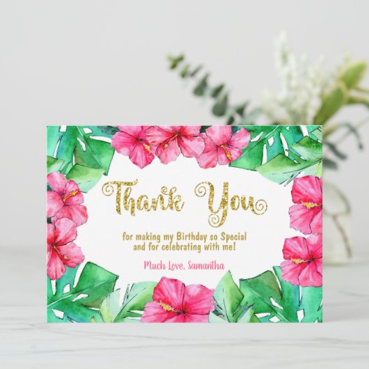 トロピカルピンクハイビスカスグリッター誕生日ありがとう サンキューカード (スタンド正面)