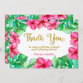 トロピカルピンクハイビスカスグリッター誕生日ありがとう サンキューカード (正面/裏面)