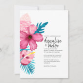 トロピカルピンクハイビスカスターコイズシダ結婚ズ 招待状 (正面)