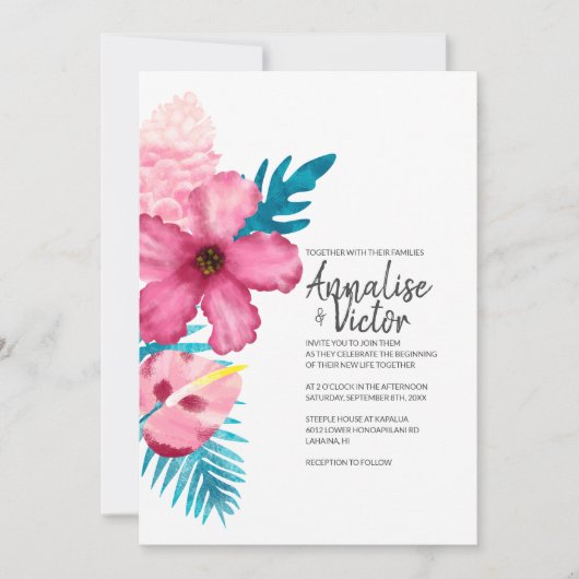 トロピカルピンクハイビスカスターコイズシダ結婚ズ 招待状 (正面)