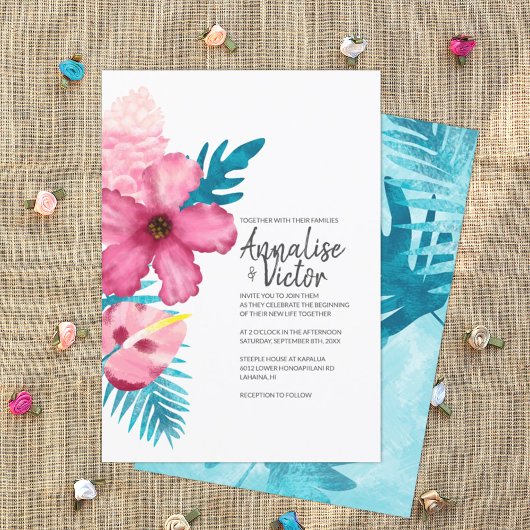 トロピカルピンクハイビスカスターコイズシダ結婚ズ 招待状