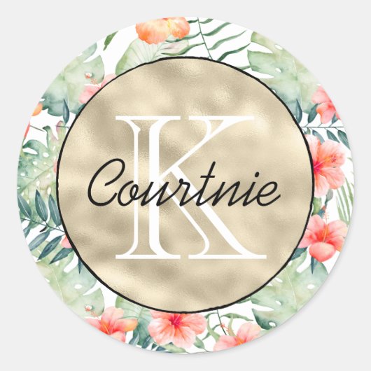 トロピカルピンクハイビスカスフローラ金ゴールドモノグラム        ラウンドシール (正面)