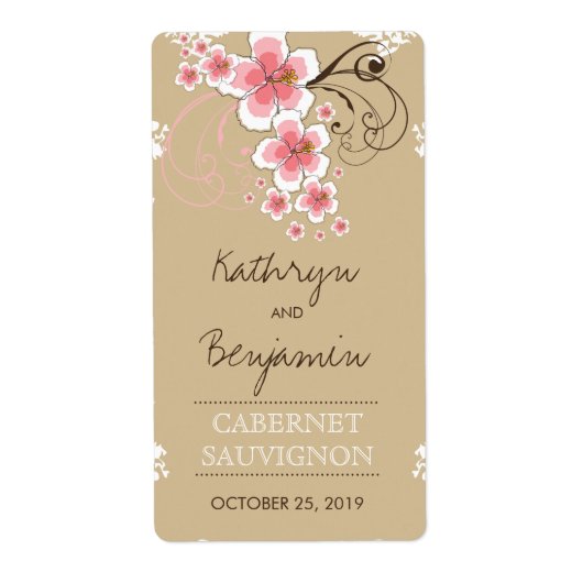 トロピカルピンクハイビスカス素朴ビーチ結婚式ボトル ラベル (正面)